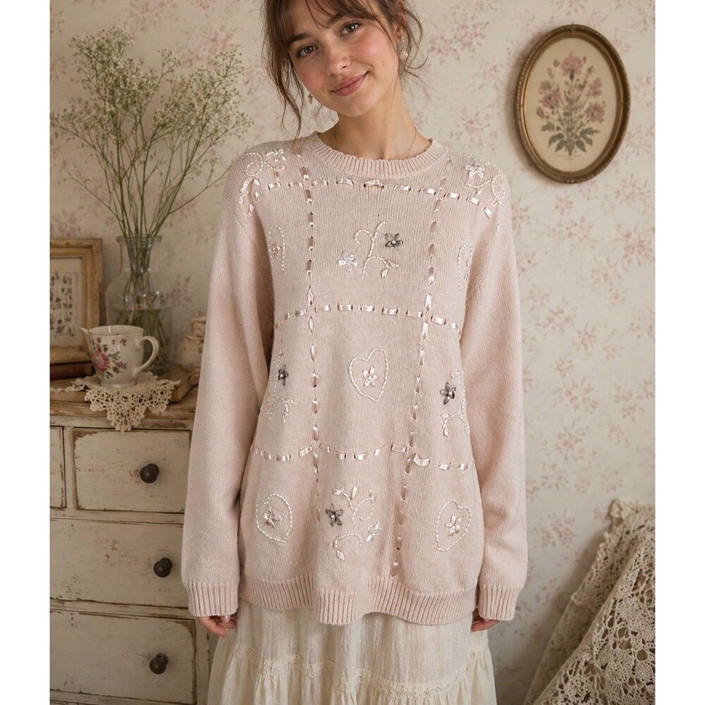 Vintage Light Pink Embellished Knit Sweater Womens Small Cottagecore Coquette